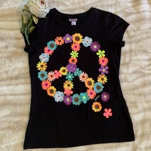 Justice Black Floral Print Peace Sign Tshirt